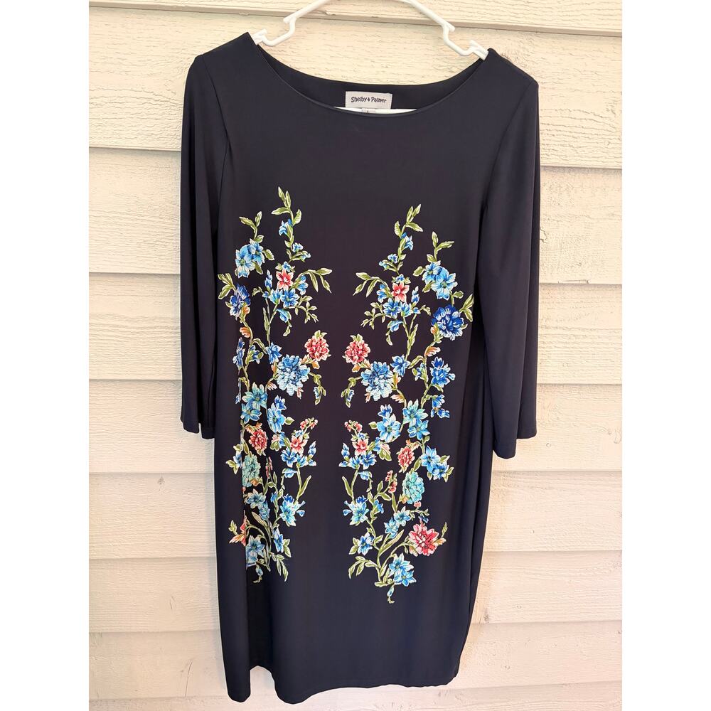 Shelby & Palmer Floral Embroidered Print Shift Dress Large Navy Blue 3/4 Sleeve - Picture 2 of 8